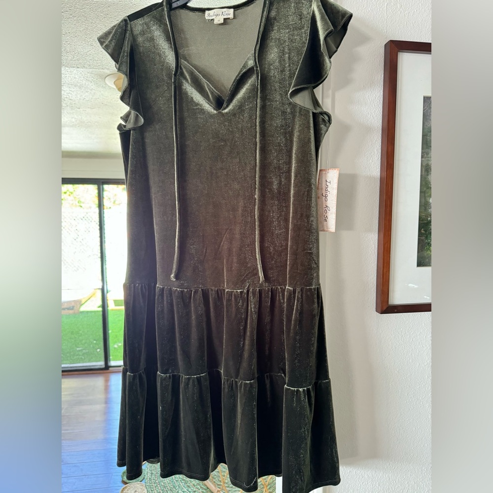 Forest Green Velvet Knit Indigo Rose Boho Peasant Dress Size M